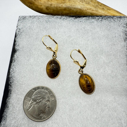 Vintage Tigers Eye Scarab Earrings Dangle Gold Filled