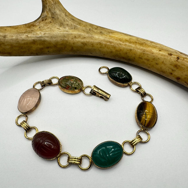 Vintage Gold Gemstone Scarab Bracelet Gold Filled