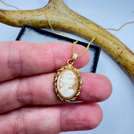 Vintage Small Cameo Pendant Necklace: Gold Filled Charm with Matching Chain Pin Brooch