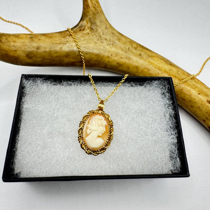 Vintage Small Cameo Pendant Necklace: Gold Filled Charm with Matching Chain Pin Brooch