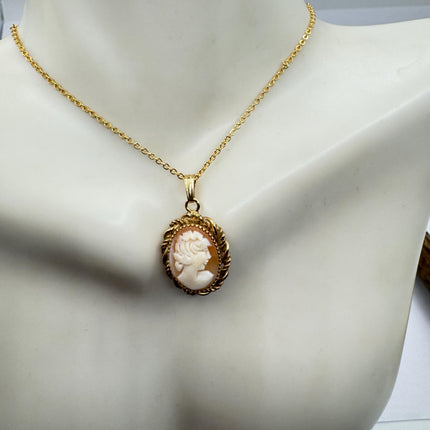 Vintage Small Cameo Pendant Necklace: Gold Filled Charm with Matching Chain Pin Brooch