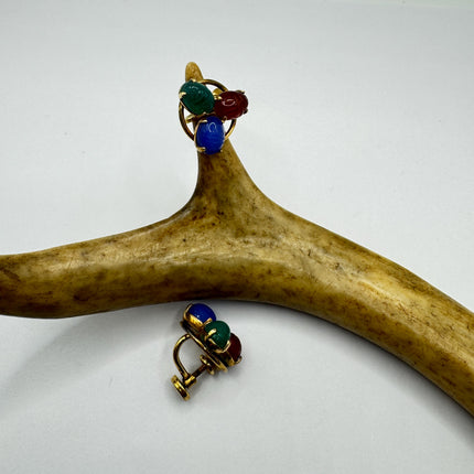 Vintage Green Nephrite Jade Carnelian Scarabs Screw Clip-On Earrings