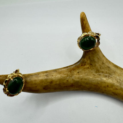 Vintage Green Nephrite Jade Clip-On Earrings Gold Filled Delicate Screw Back Design