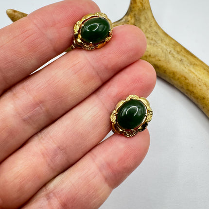 Vintage Green Nephrite Jade Clip-On Earrings Gold Filled Delicate Screw Back Design