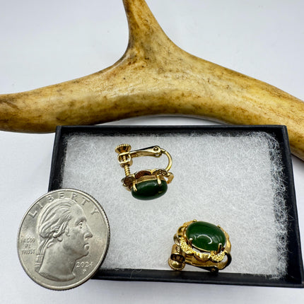 Vintage Green Nephrite Jade Clip-On Earrings Gold Filled Delicate Screw Back Design