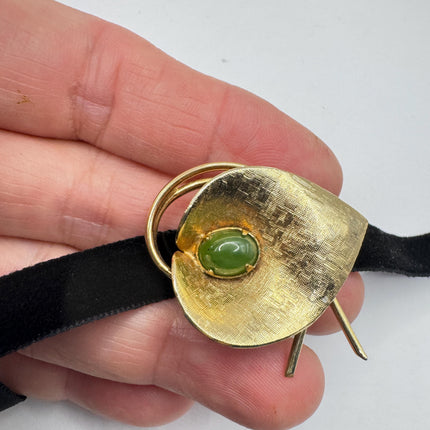 Vintage Green Jade Brooch Pin: Gold Filled Velvet Choker