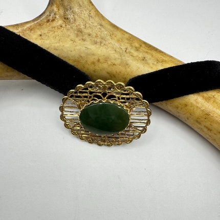 Vintage Green Jade Brooch Pin: Gold Filled Velvet Choker