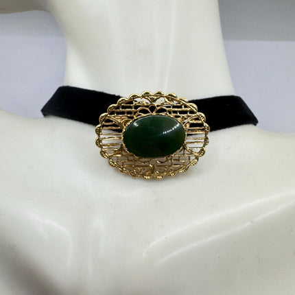 Vintage Green Jade Brooch Pin: Gold Filled Velvet Choker