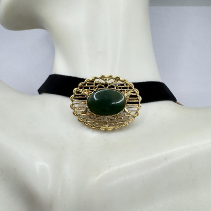 Vintage Green Jade Brooch Pin: Gold Filled Velvet Choker