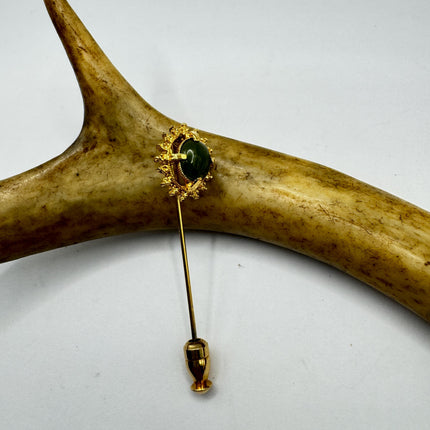 Vintage Green Jade Brooch Stick Pin: Gold Filled