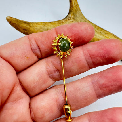 Vintage Green Jade Brooch Stick Pin: Gold Filled
