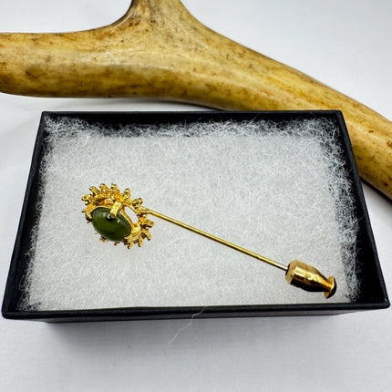 Vintage Green Jade Brooch Stick Pin: Gold Filled