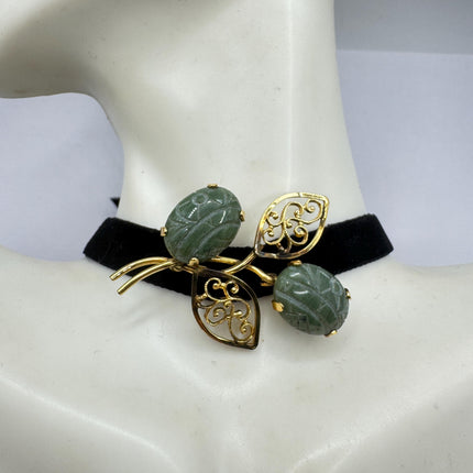 Vintage Green Jade Brooch Pin: Gold Filled Velvet Choker