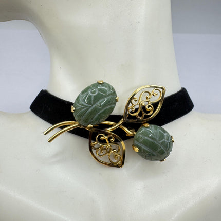 Vintage Green Jade Brooch Pin: Gold Filled Velvet Choker