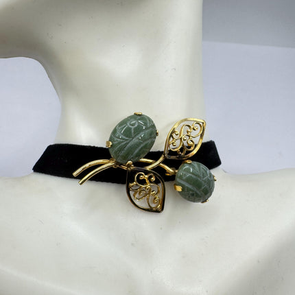 Vintage Green Jade Brooch Pin: Gold Filled Velvet Choker