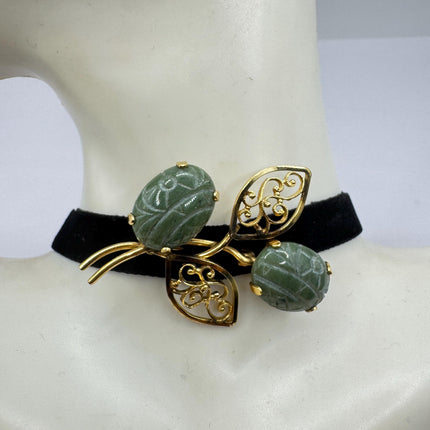 Vintage Green Jade Brooch Pin: Gold Filled Velvet Choker