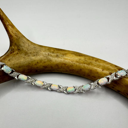Vintage White Opal Tennis Bracelet: 925 Sterling Silver Diamond Chip