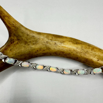 Vintage White Opal Tennis Bracelet: 925 Sterling Silver Diamond Chip