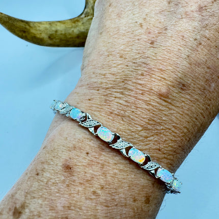 Vintage White Opal Tennis Bracelet: 925 Sterling Silver Diamond Chip