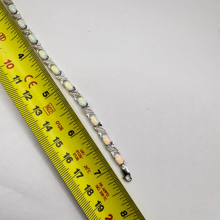 Vintage White Opal Tennis Bracelet: 925 Sterling Silver Diamond Chip