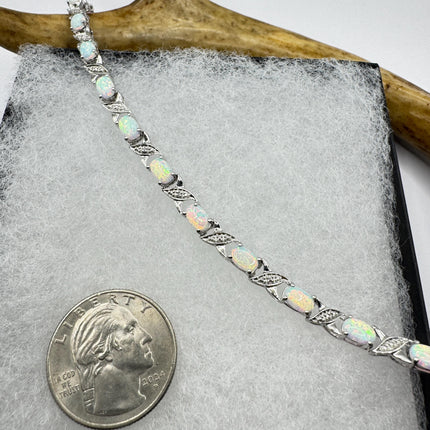 Vintage White Opal Tennis Bracelet: 925 Sterling Silver Diamond Chip