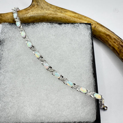 Vintage White Opal Tennis Bracelet: 925 Sterling Silver Diamond Chip