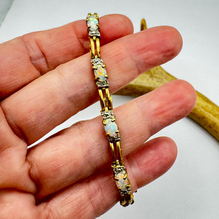 Vintage White Opal Tennis Bracelet Gold 925 Sterling Silver Diamond Chip