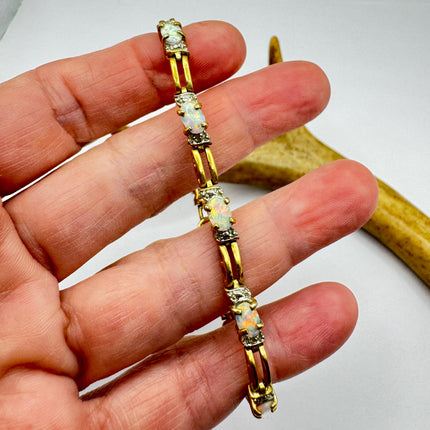 Vintage White Opal Tennis Bracelet Gold 925 Sterling Silver Diamond Chip
