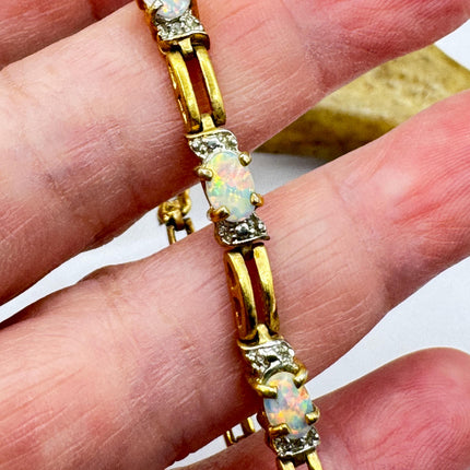 Vintage White Opal Tennis Bracelet Gold 925 Sterling Silver Diamond Chip