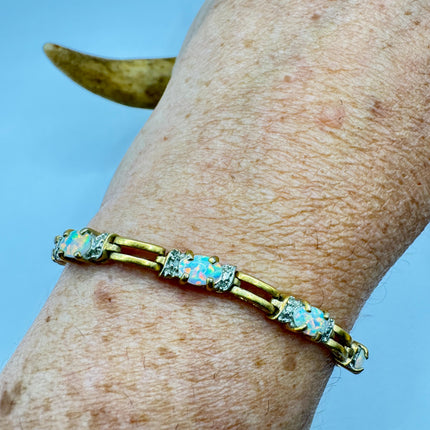 Vintage White Opal Tennis Bracelet Gold 925 Sterling Silver Diamond Chip