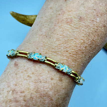 Vintage White Opal Tennis Bracelet Gold 925 Sterling Silver Diamond Chip