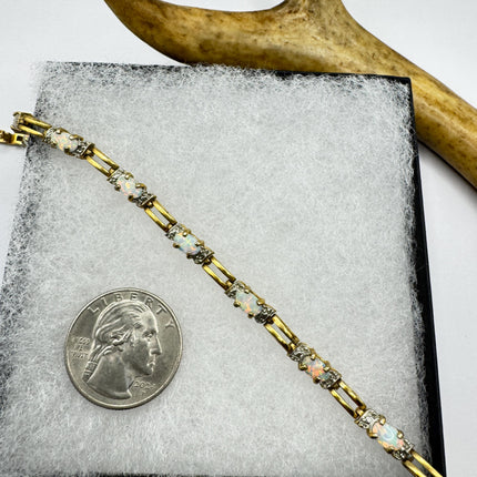 Vintage White Opal Tennis Bracelet Gold 925 Sterling Silver Diamond Chip