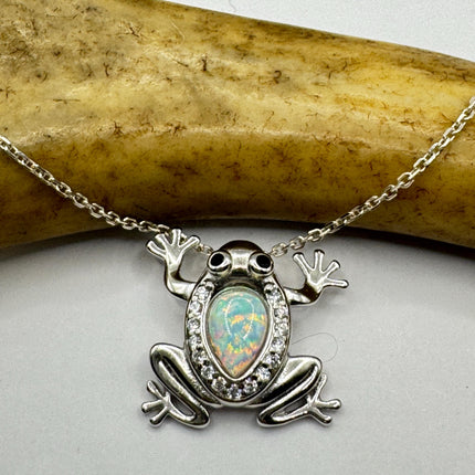 Frog Pendant Necklace: Vintage Sterling Silver - Fire Opal White Sapphires