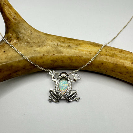 Frog Pendant Necklace: Vintage Sterling Silver - Fire Opal White Sapphires