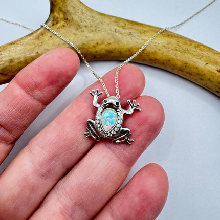Frog Pendant Necklace: Vintage Sterling Silver - Fire Opal White Sapphires