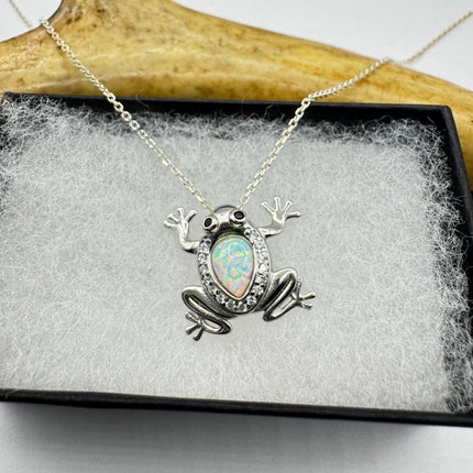 Frog Pendant Necklace: Vintage Sterling Silver - Fire Opal White Sapphires