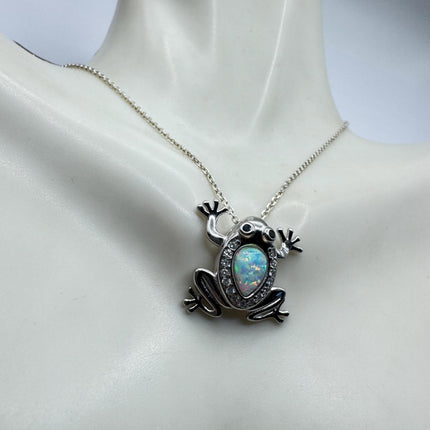 Frog Pendant Necklace: Vintage Sterling Silver - Fire Opal White Sapphires