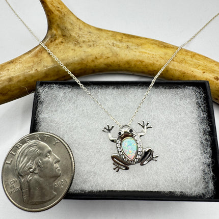 Frog Pendant Necklace: Vintage Sterling Silver - Fire Opal White Sapphires