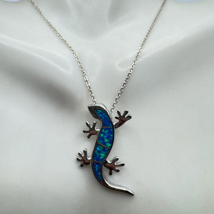 Lizard Pendant Necklace: Vintage Sterling Silver - Fire Opal