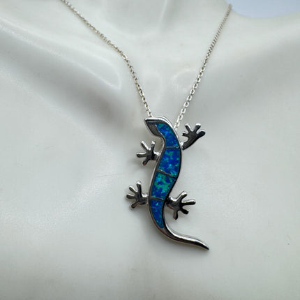 Lizard Pendant Necklace: Vintage Sterling Silver - Fire Opal