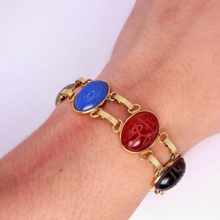 Vintage Gemstone Scarab Bracelet Gold Filled Egyptian Revival