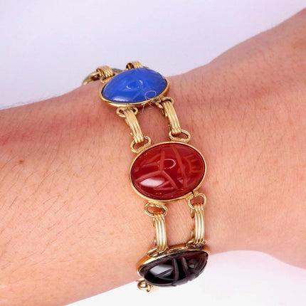 Vintage Gemstone Scarab Bracelet Gold Filled Egyptian Revival