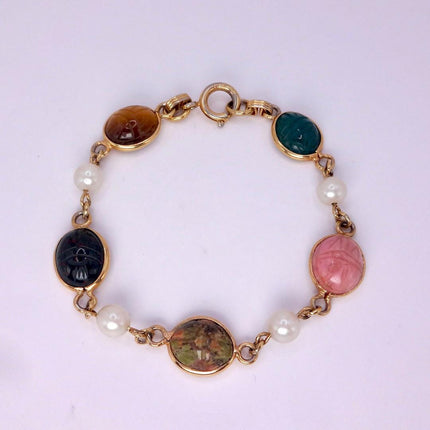 Vintage Gemstone Scarab Bracelet Gold Filled Egyptian Revival