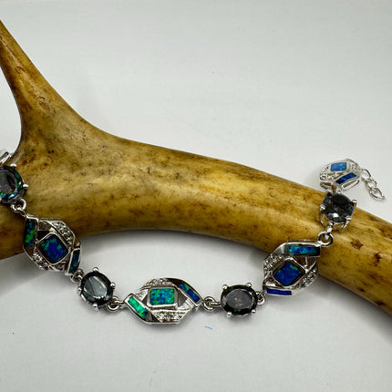 Vintage Fire Opal Mystic Topaz Tennis Bracelet: 925 Sterling Silver Diamond Chip