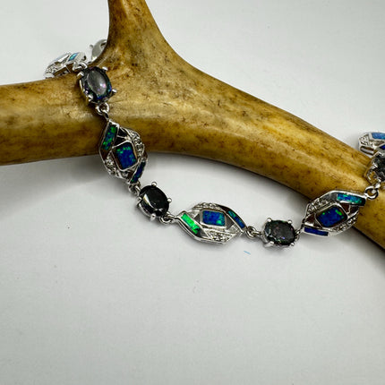 Vintage Fire Opal Mystic Topaz Tennis Bracelet: 925 Sterling Silver Diamond Chip