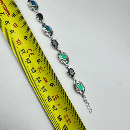 Vintage Fire Opal Mystic Topaz Tennis Bracelet: 925 Sterling Silver Diamond Chip