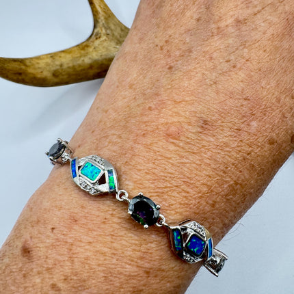 Vintage Fire Opal Mystic Topaz Tennis Bracelet: 925 Sterling Silver Diamond Chip