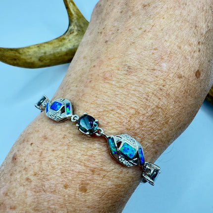 Vintage Fire Opal Mystic Topaz Tennis Bracelet: 925 Sterling Silver Diamond Chip