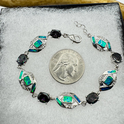 Vintage Fire Opal Mystic Topaz Tennis Bracelet: 925 Sterling Silver Diamond Chip