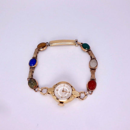 Vintage Gemstone Scarab Bracelet Watch Gold Filled Egyptian Revival